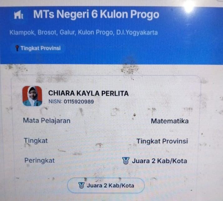 Chiara Kayla Perlita, Siswa MTsN 6 Kulon Progo Sabet Juara 2 Matematika di OMI 2026